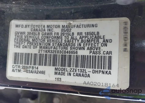 2003 Toyota Matrix Xr из США, поврежденный, VIN 2T1KR32E03C046656